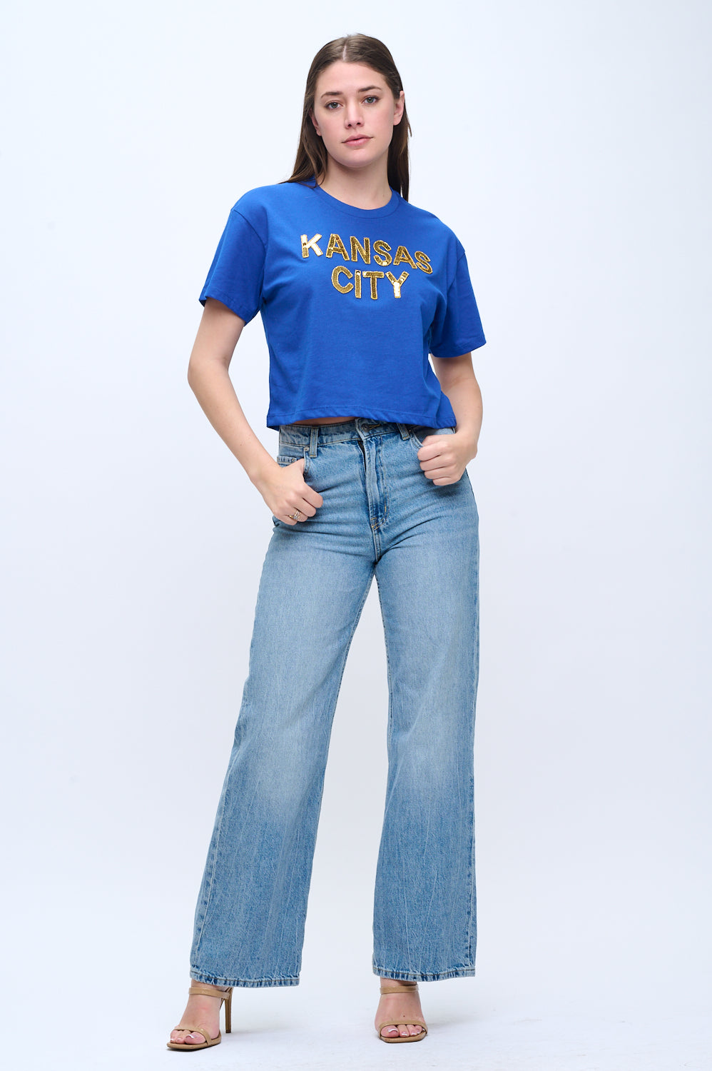 Blue Kansas City Sequin Crop Tee