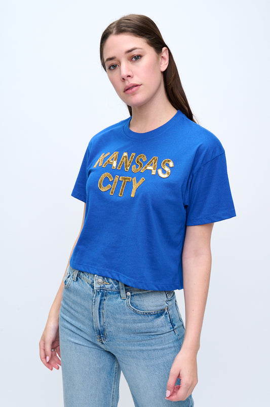Blue Kansas City Sequin Crop Tee