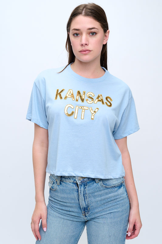 Powder Blue Kansas City Sequin Crop Tee