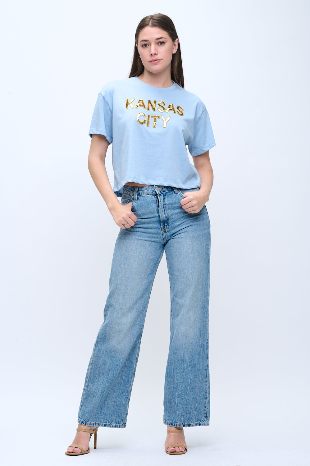 Powder Blue Kansas City Sequin Crop Tee