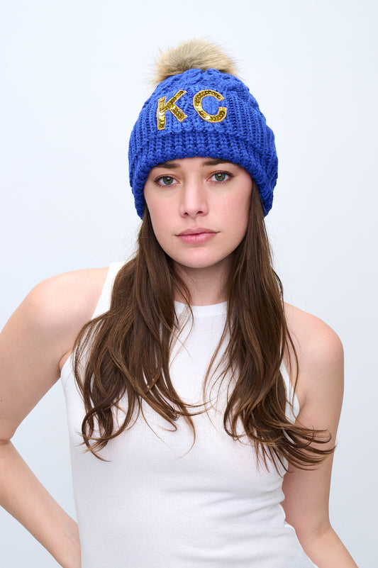 Blue KC Pom Beanie