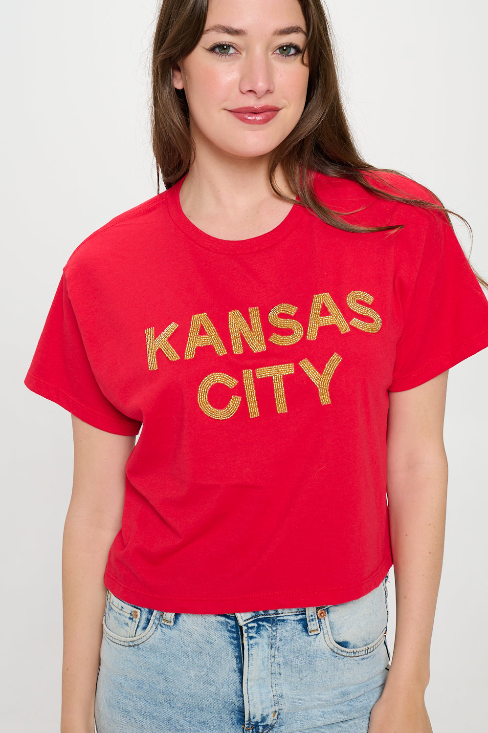 Red Kansas City Beaded Cropped Tee