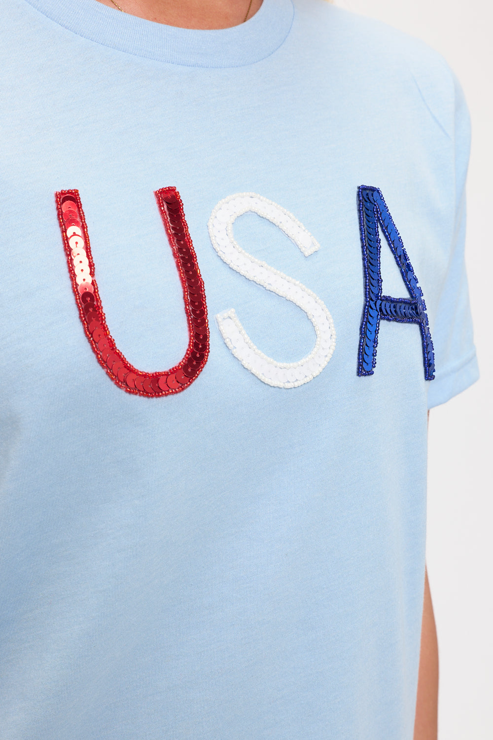 Light Blue USA Sequin Tee