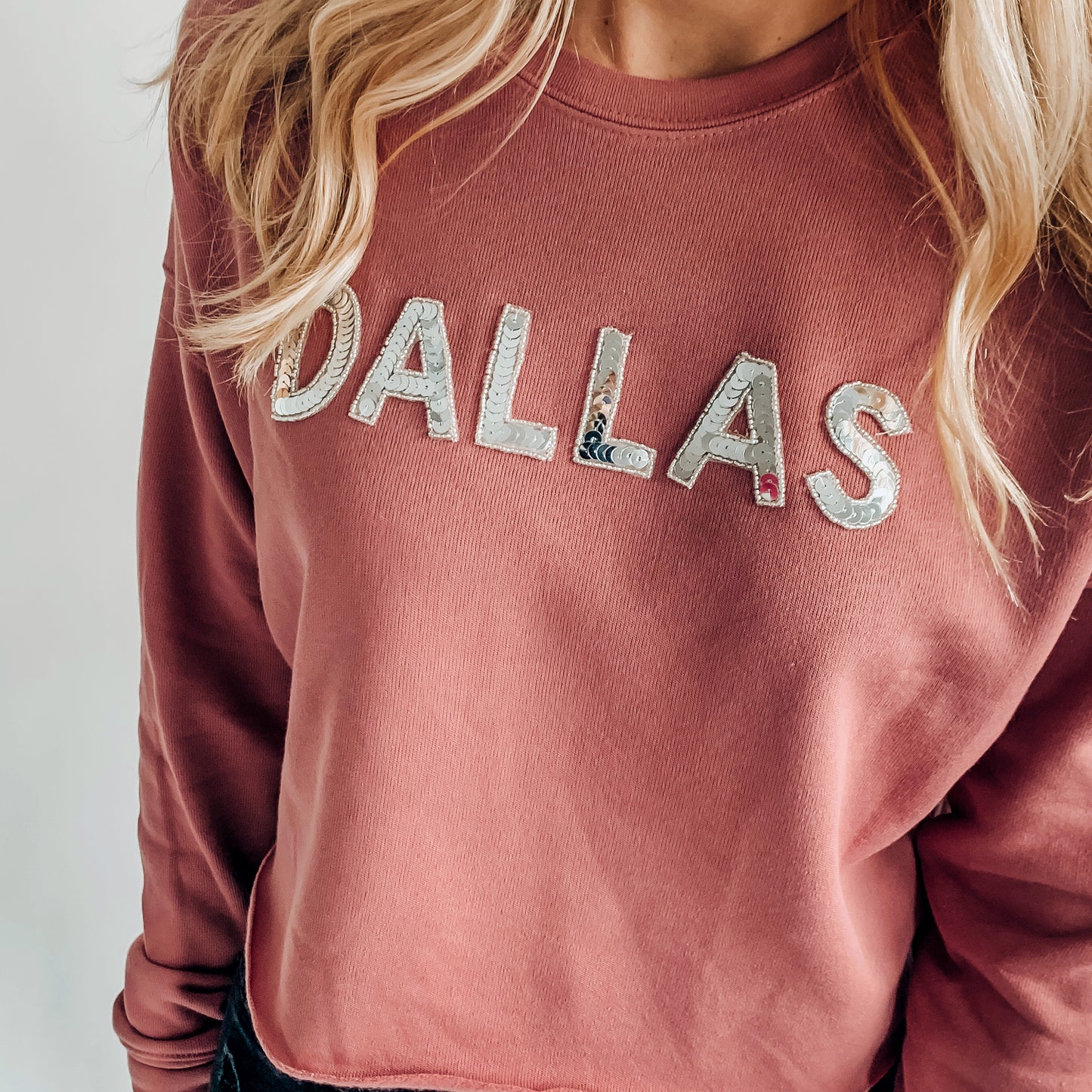 Mauve Dallas Sequin Cropped Sweatshirt