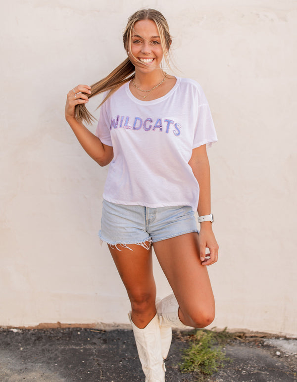 Lavender Wildcats Sequin Cropped Tee