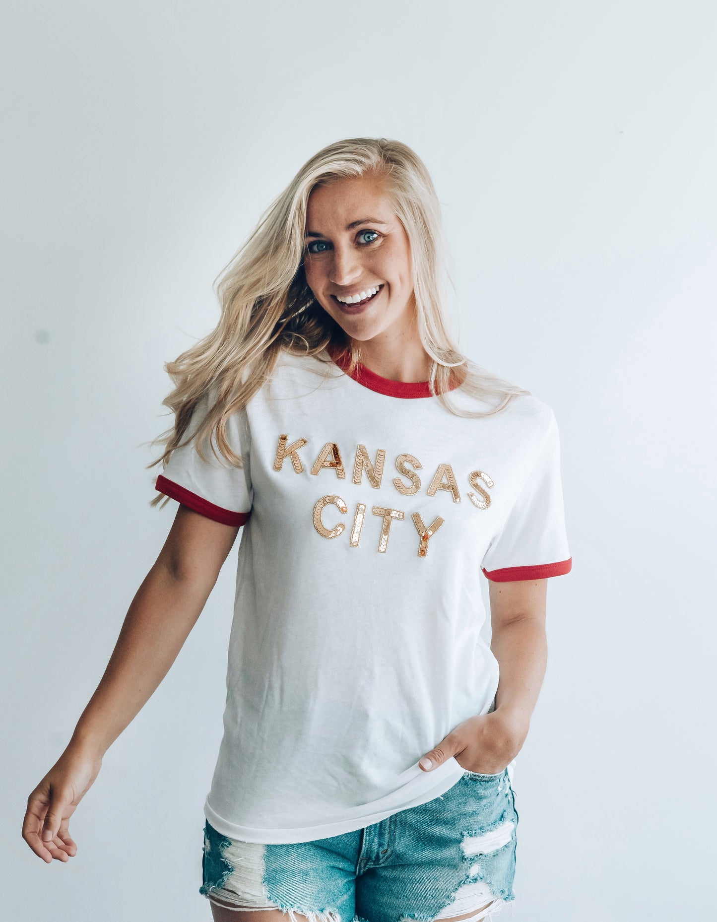 Red Kansas City Sequin Ringer Tee