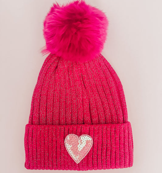 Hot Pink Sequin Heart Beanie