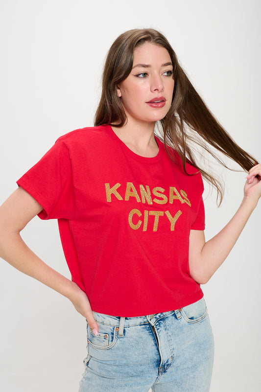 Red Kansas City Beaded Cropped Tee