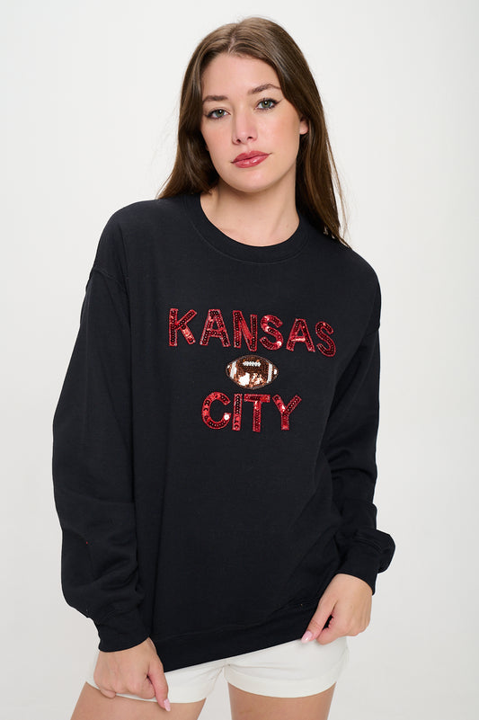 Kansas City Sequin Football Sweatshirt - Black