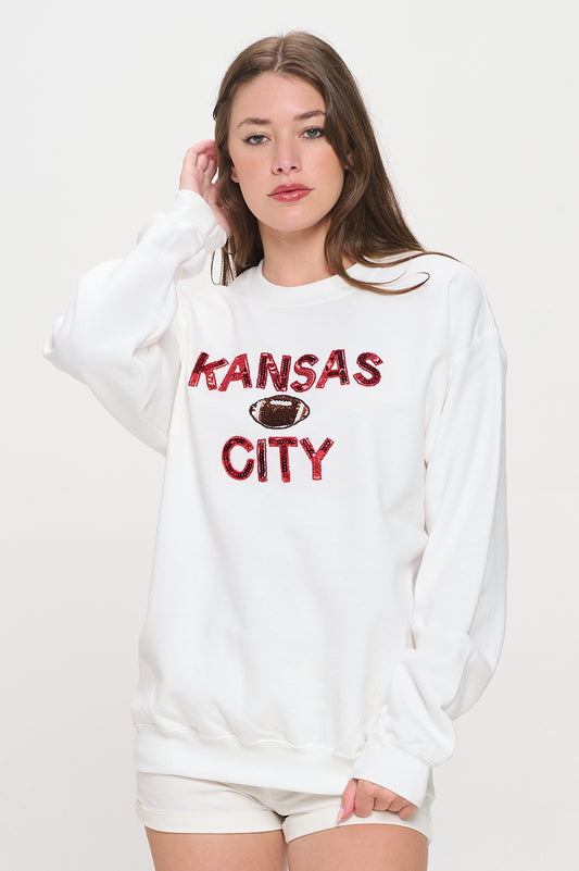 Kansas City Sequin Football Sweatshirt - White