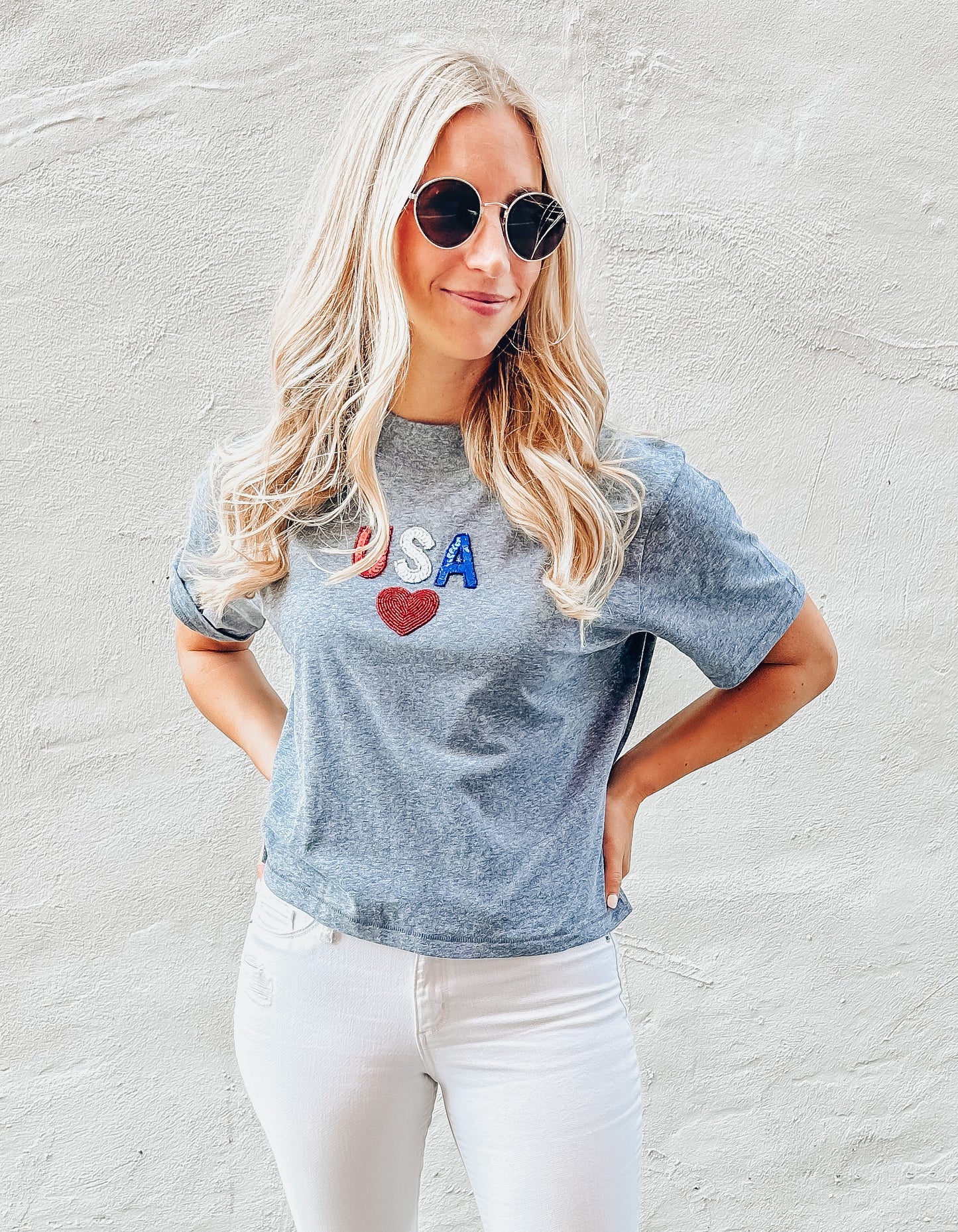 USA Heart Cropped Tee - Gray