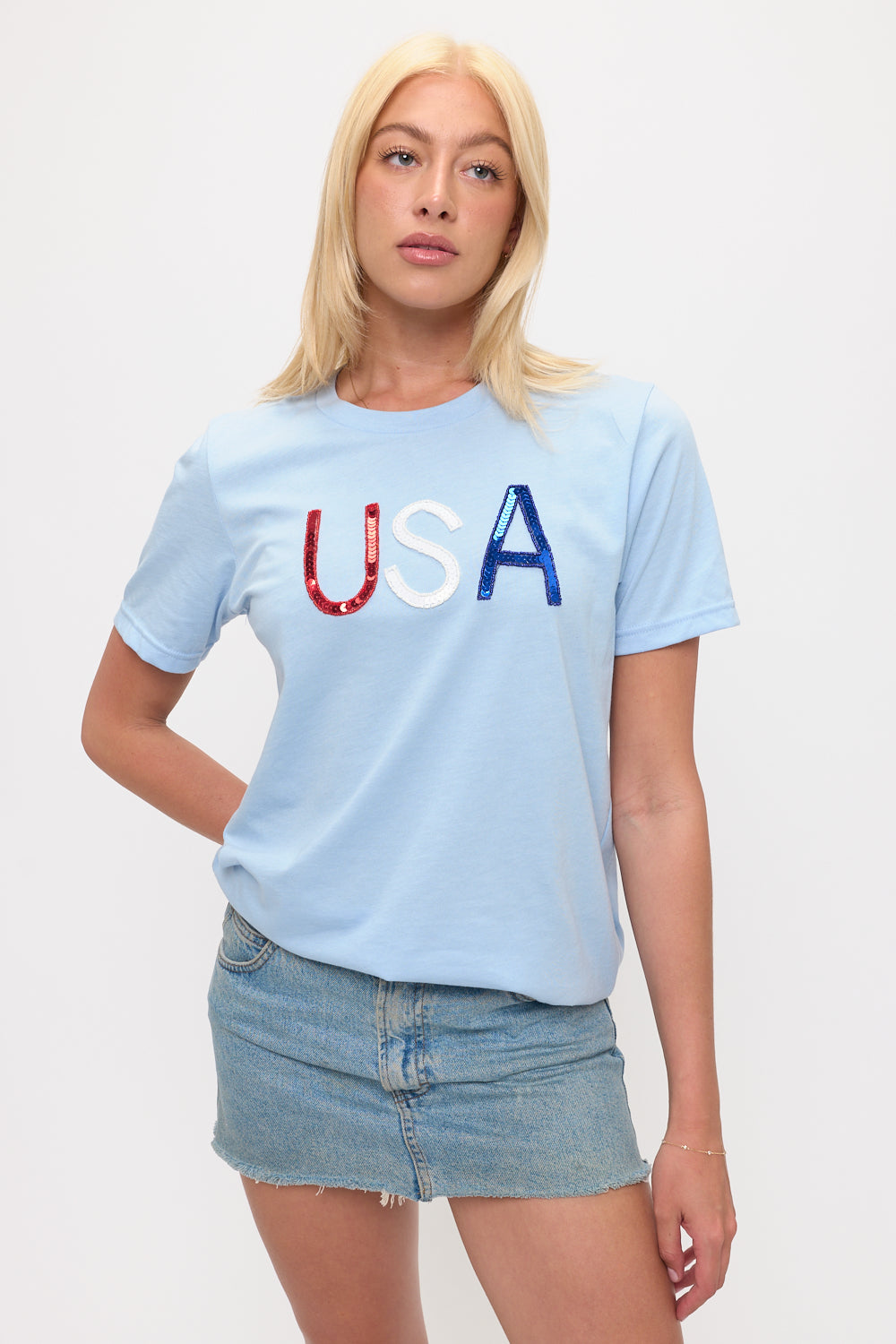 Light Blue USA Sequin Tee