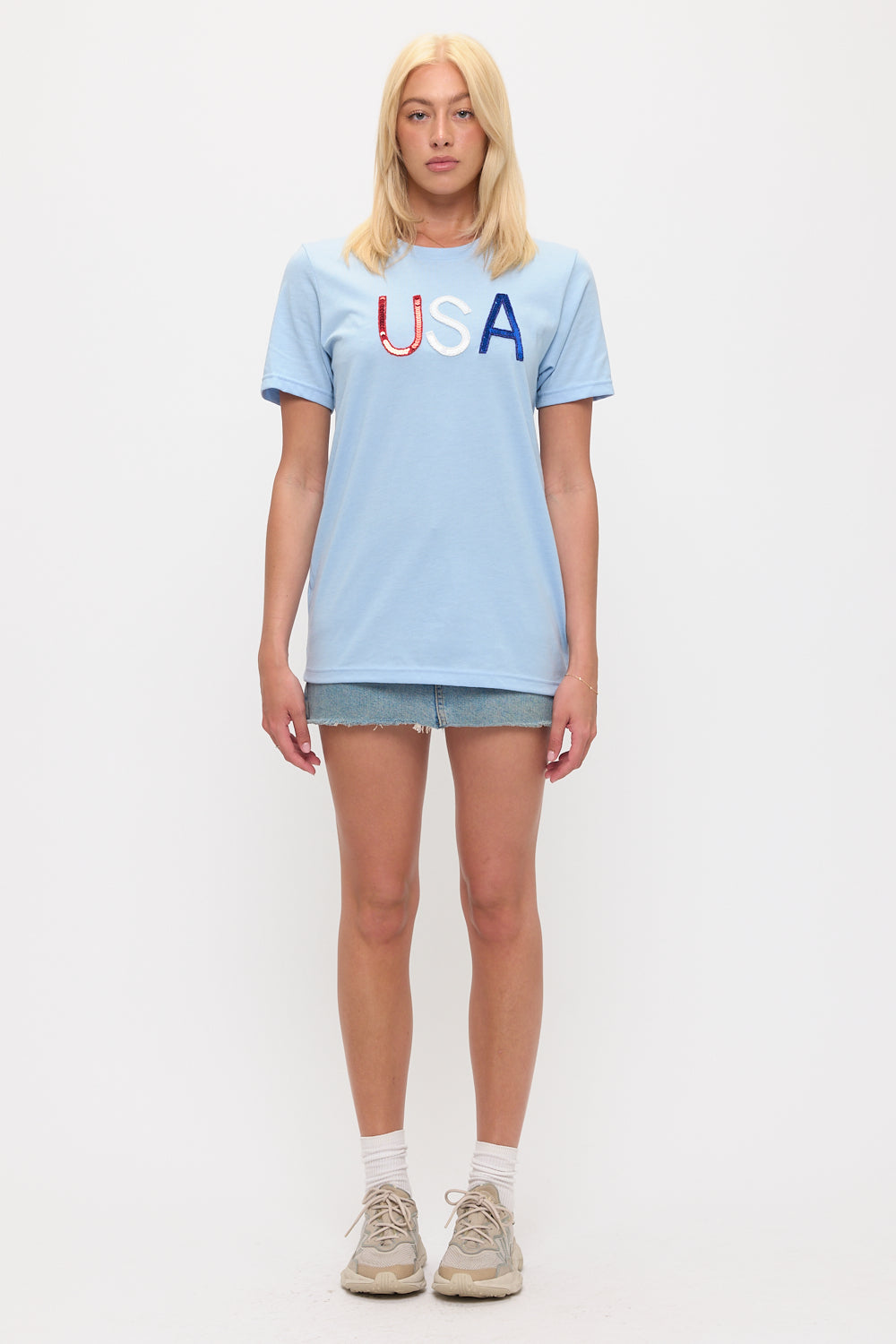Light Blue USA Sequin Tee