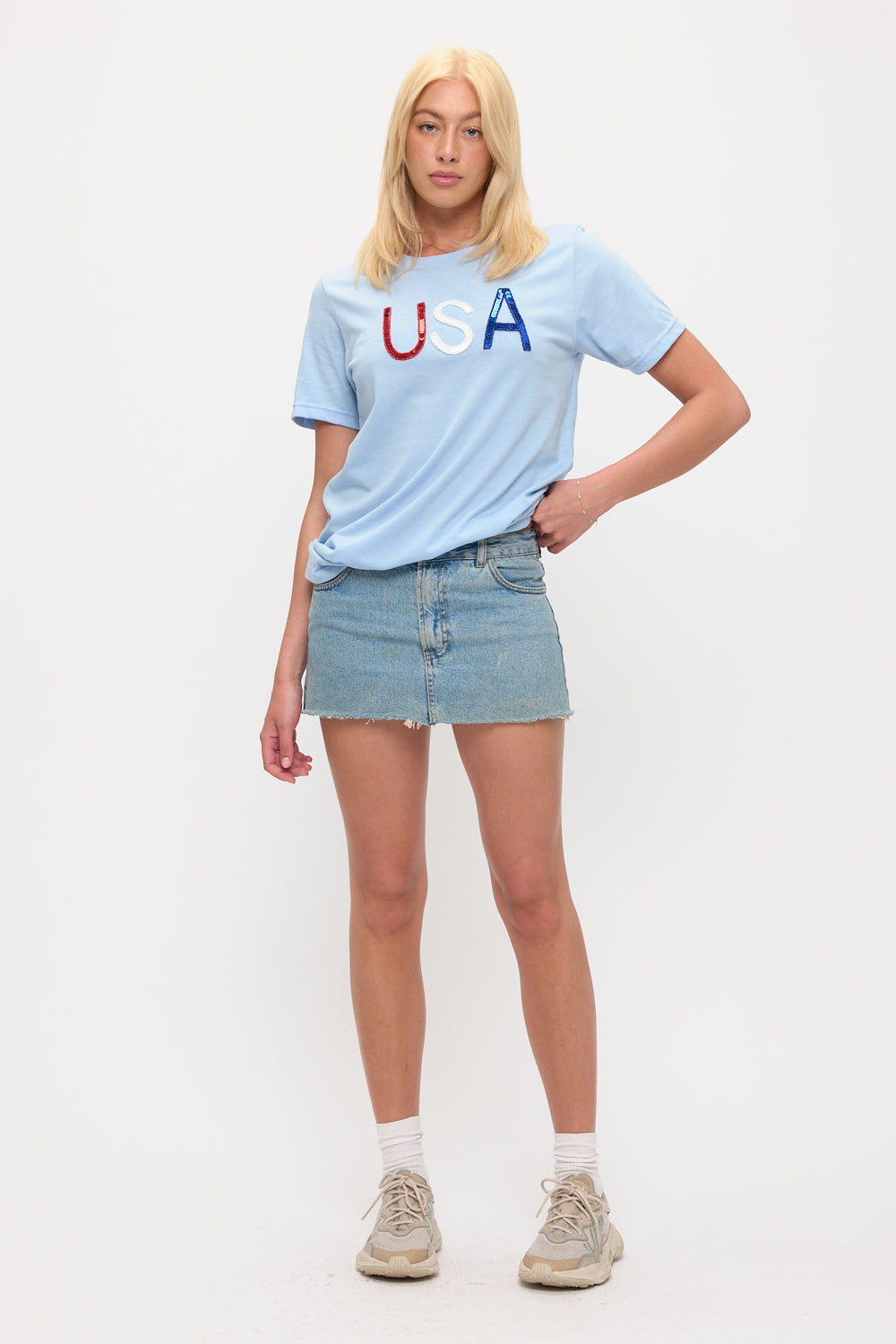 Light Blue USA Sequin Tee