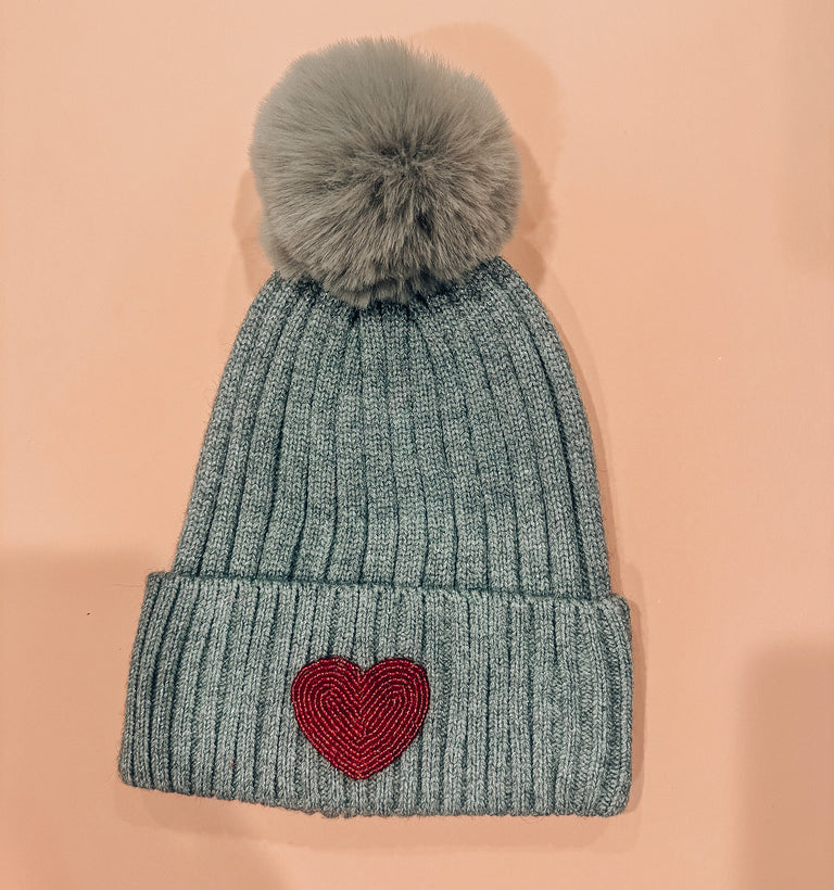 Gray Beaded Heart Beanie