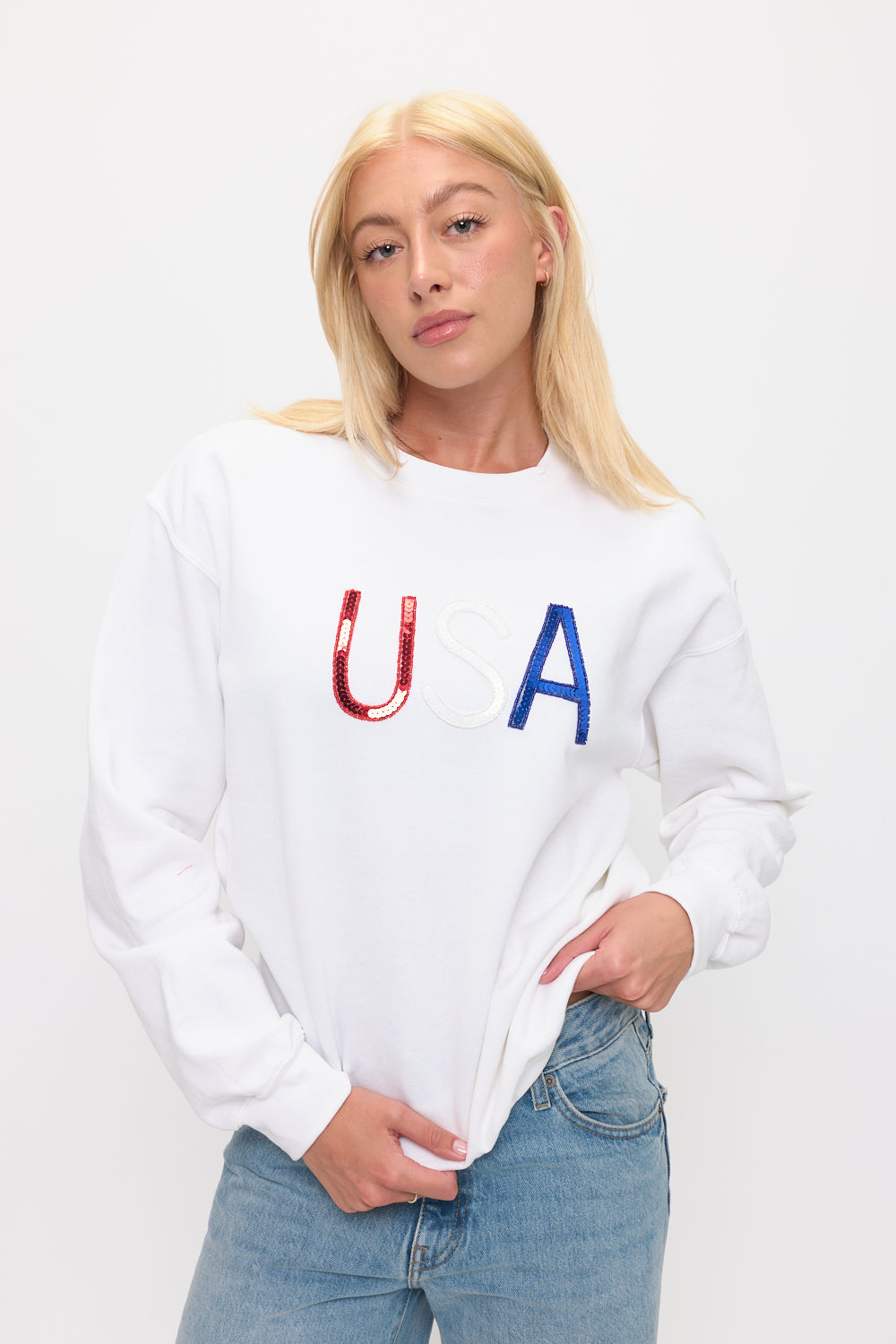 White USA sequin sweatshirt