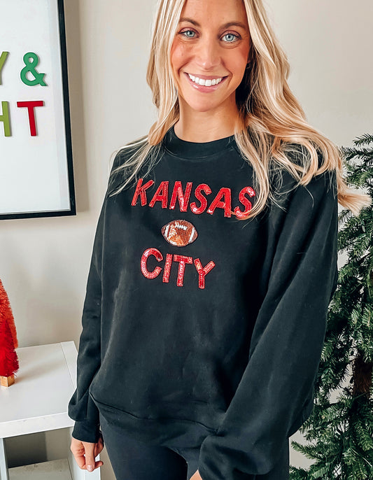 Black Crop Sequin Football Sweatshirt