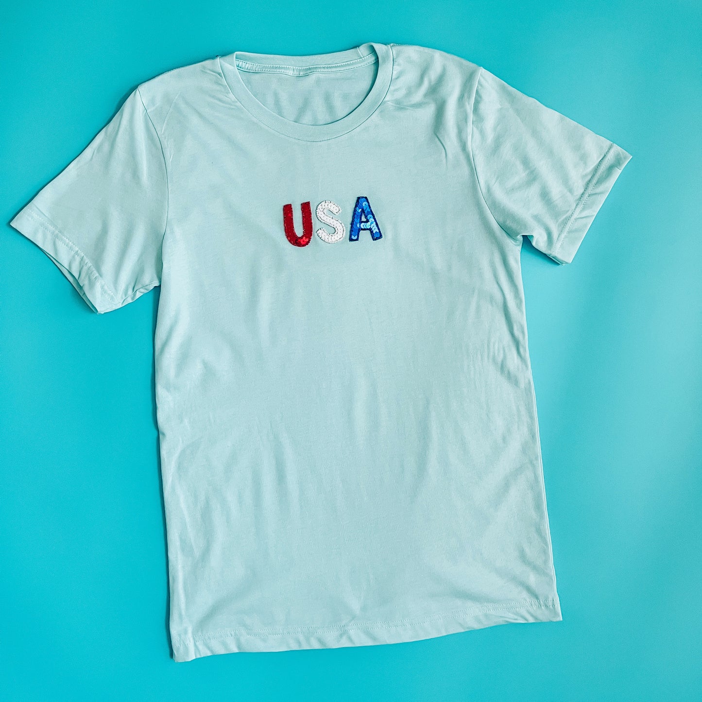 Light Blue USA Sequin Tee