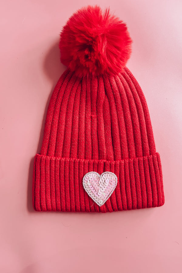 Red/Pink Sequin Heart Beanie