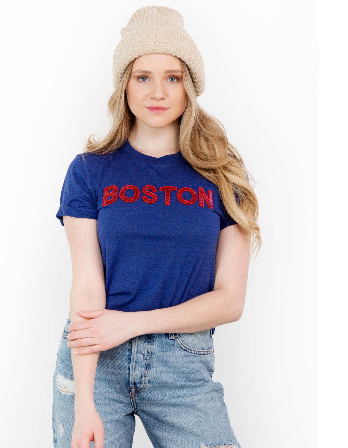 Navy Boston Sequin Crew Tee