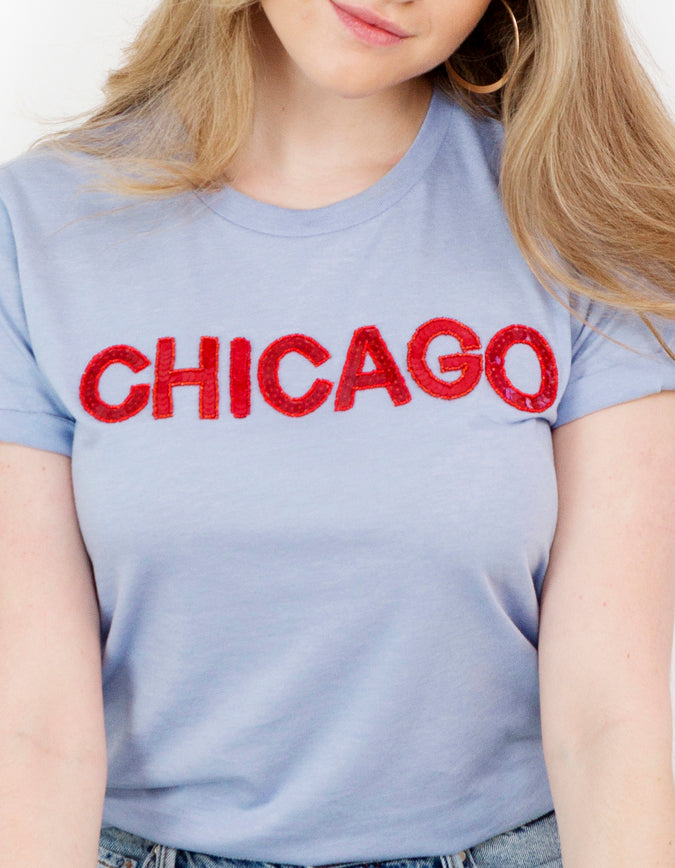 Light Blue Chicago Sequin Tee