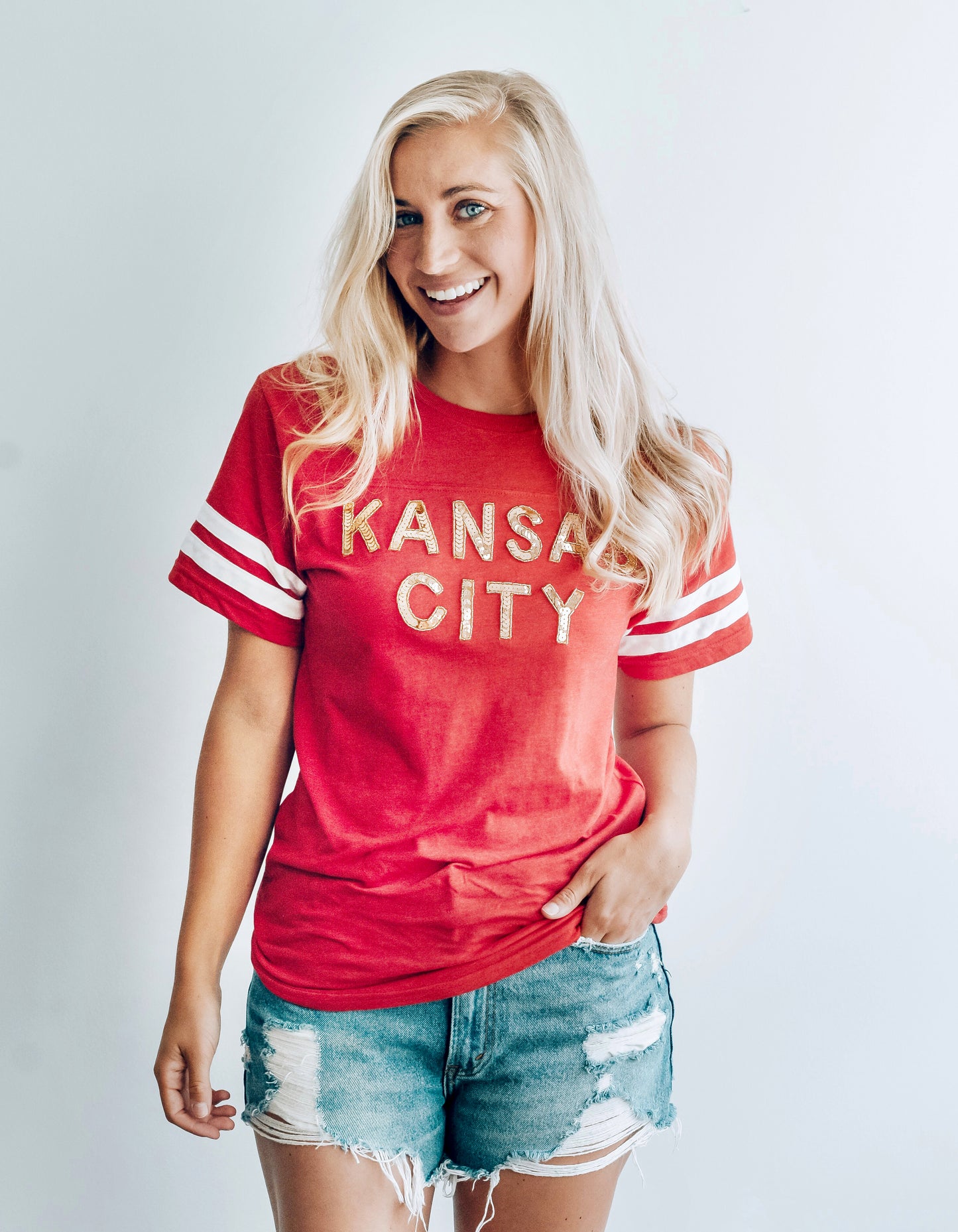 Red Kansas City Sequin Football Tee