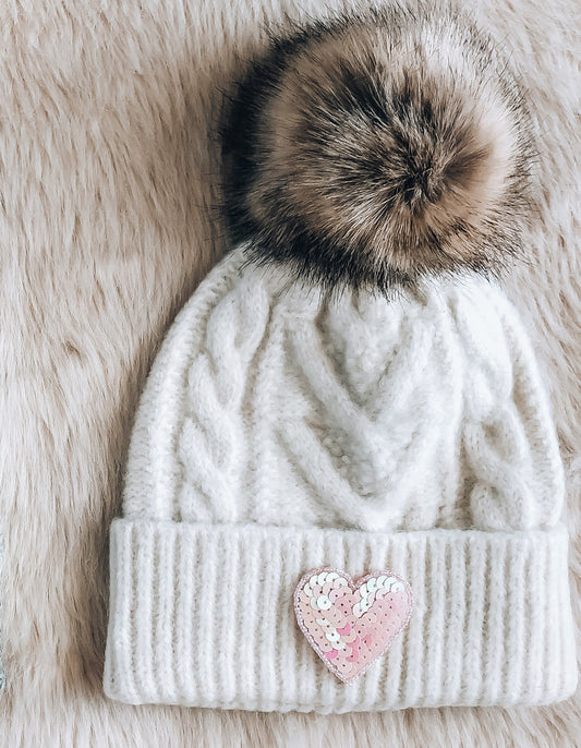 Ivory Sequin Heart Beanie