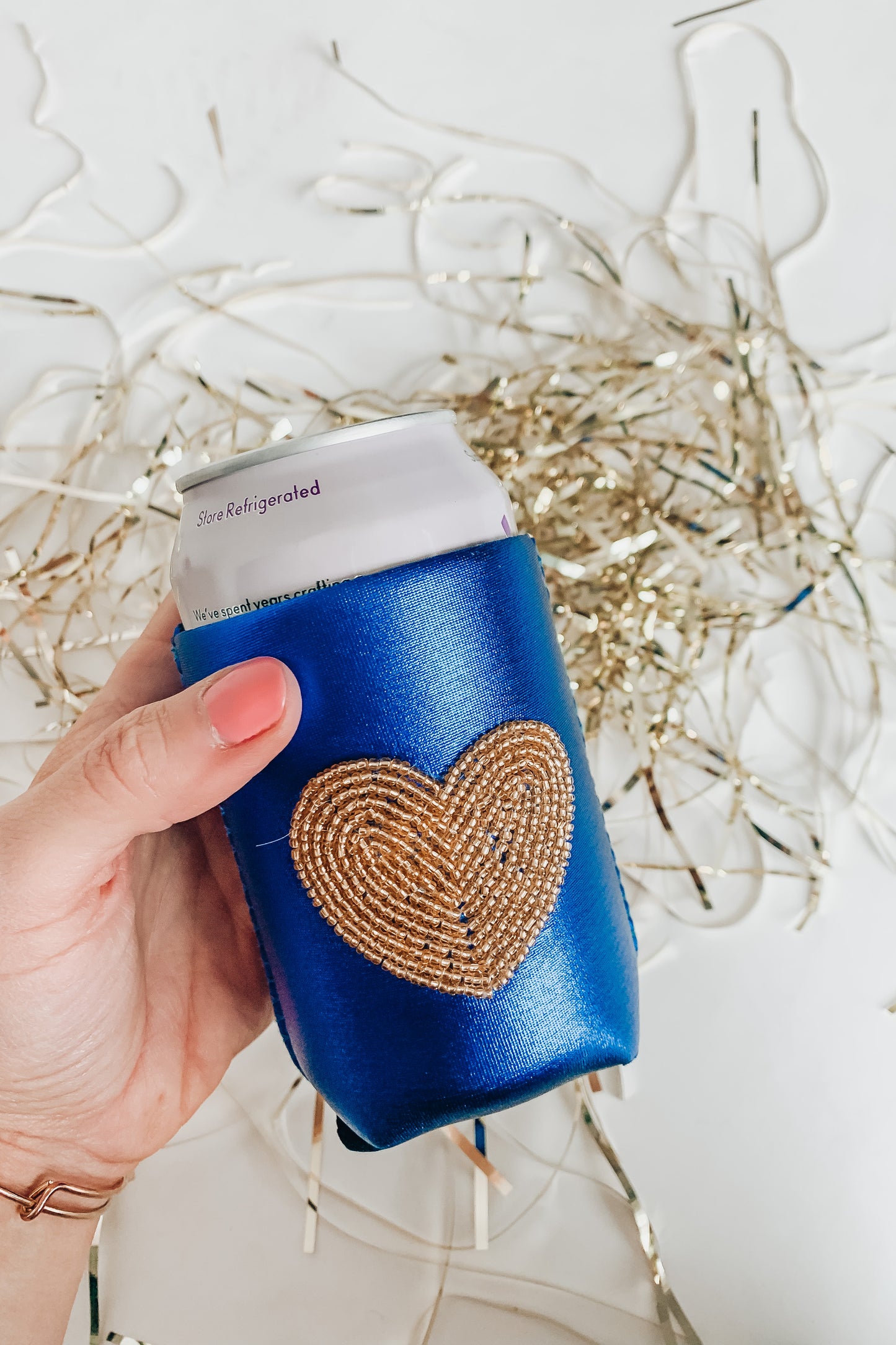 Blue heart koozie